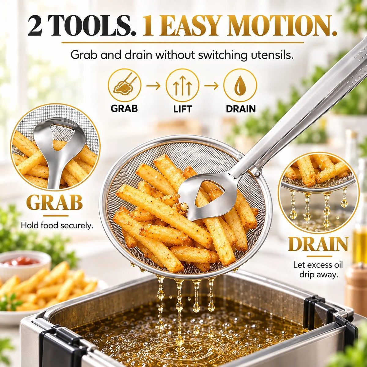 💞70K+ SOLD! ✨2-in-1 Spider Strainer Tongs – Stainless Steel Frying & Draining Tool