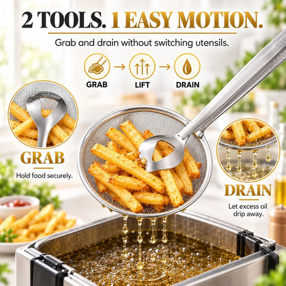 💞70K+ SOLD! ✨2-in-1 Spider Strainer Tongs – Stainless Steel Frying & Draining Tool