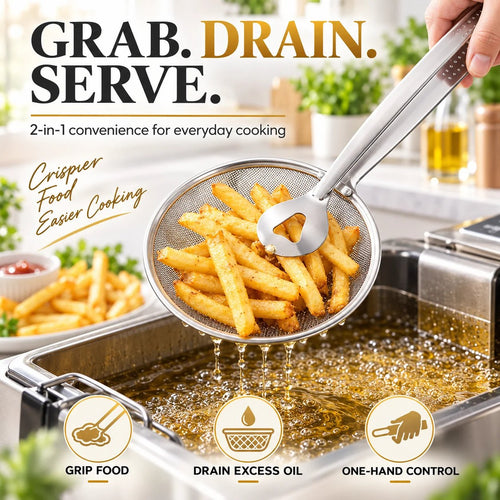 💞70K+ SOLD! ✨2-in-1 Spider Strainer Tongs – Stainless Steel Frying & Draining Tool