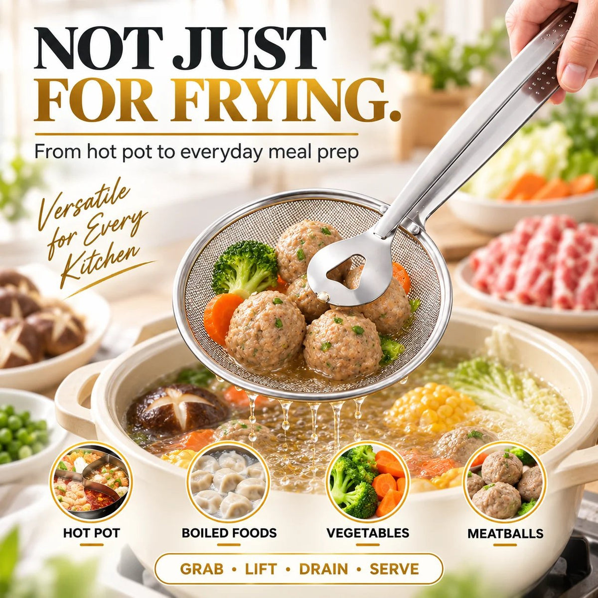 💞70K+ SOLD! ✨2-in-1 Spider Strainer Tongs – Stainless Steel Frying & Draining Tool
